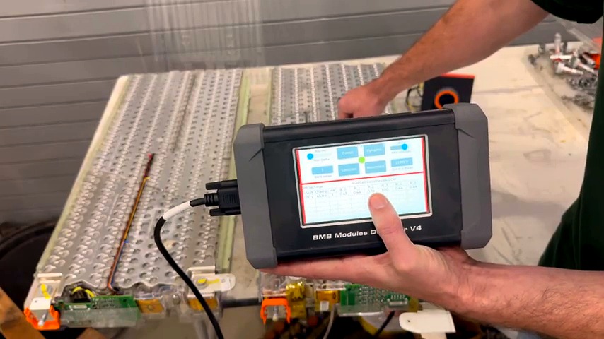 BMB Module Tester showing cell-group resistance, with R2 and R3 much higher than the rest